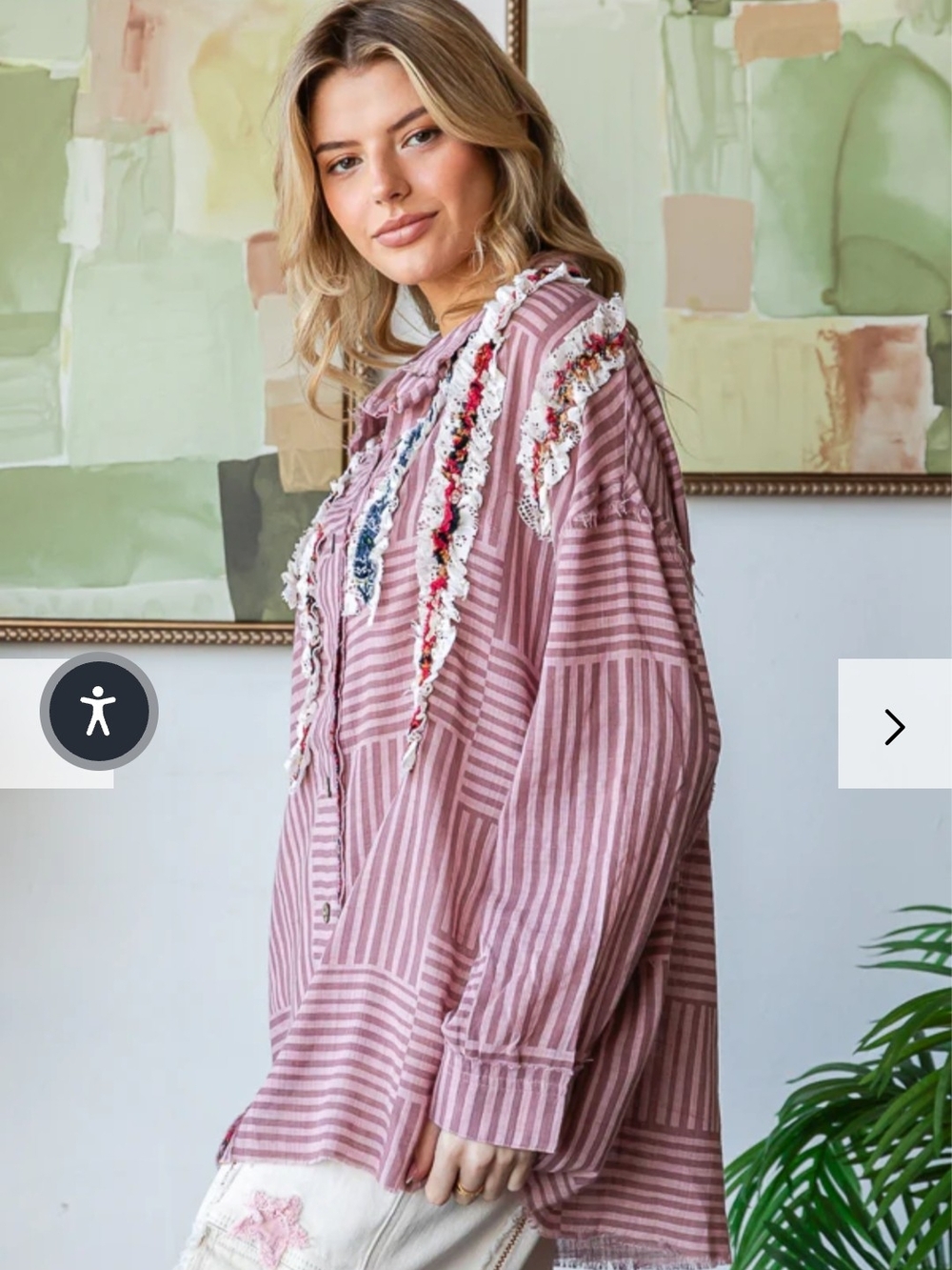 Oli & Hali Striped Pink , Berry Lace Embellished Button-Up Shirt - Picture 3 of 4